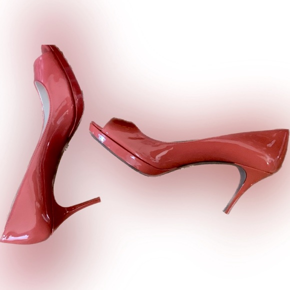 Prada 1KP159 coral patent leather peep toe pumps heels shoes 37.5 Womens 7 W Box - Picture 4 of 14